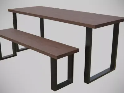 Dining Table set-dark wood Low-poly 3D model