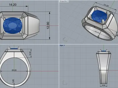 Cushion gem   man signet ring model 481 3D print model