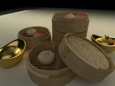 Chinese bamboo steamer with buns and yuanbaos 3D model