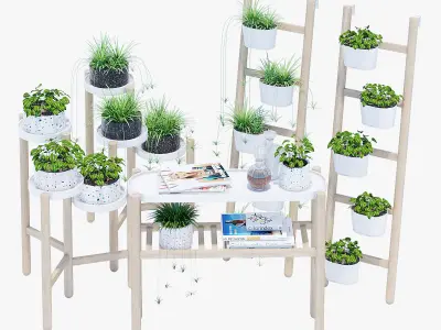 Satsumas wooden plant stand with potted plants 3D model