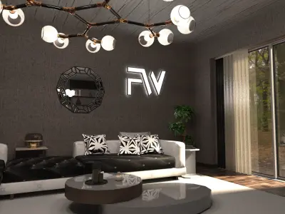 interior living room with fireplace and bookshelves 3D model