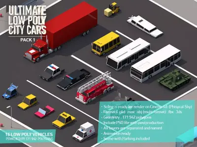 Ultimate Low Poly City Cars Pack Low-poly 3D model
