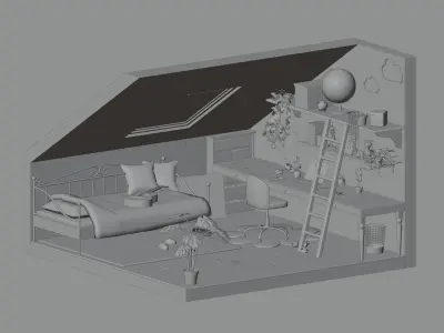 Attic bedroom Low-poly 3D model