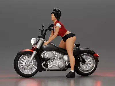 attractive girl on motorbike shorts mini jacket with curly hair 3D print model