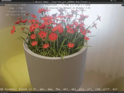 Concrete 1000mm with Red Flowers Version 1 Low-poly 3D model