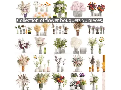 Collection of flower bouquets and vase set of 50 pieces 3D model