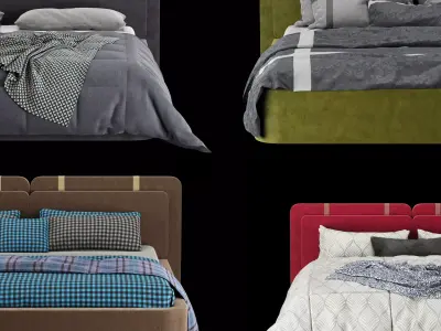 Bed with pillows and blanket 4 models of bed set 5 3D Model Collection