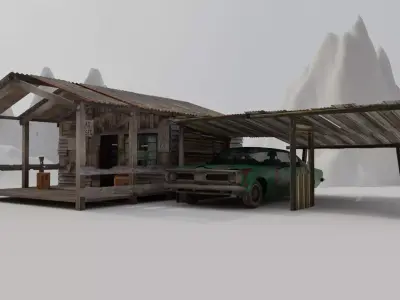 Shanty Wooden House and Shanty Garage with Car 3D model