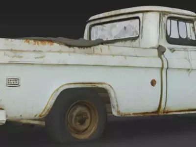3D model of a scratched broken old rugged blue pickup truck 3D model