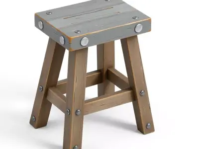 Rustic Wooden Stool with Bolts Low-poly 3D model
