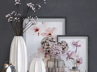 decorative set vases with flowers and clock 3D model