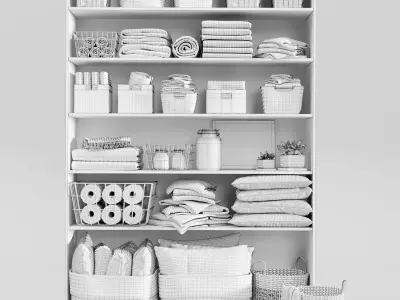 Laundry Set shelf with baskets and towels 3D model