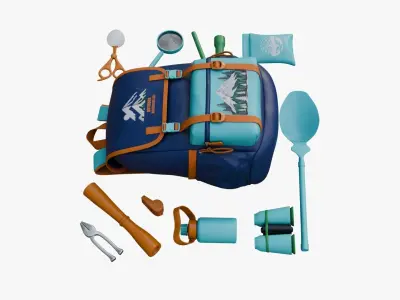 Backpack Adventure set Low-poly 3D model