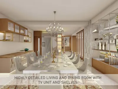 Highly detailed Living and dining room with tv unit and shelves 3D model