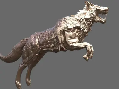 Alpha Wolf Sculpture Giant Jumping 3D model