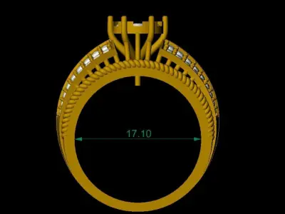 Triple Row Diamond Engagement Ring in Yellow Gold 3D print model