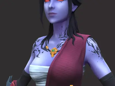 Oni-girl samurai woman with hair and eyes Low-poly 3D model