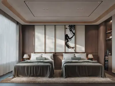 Modern Japanese Twin Hotel Bedroom Interior 3D model