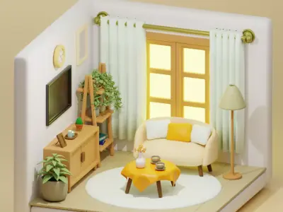 Cozy Isometric Living Room - 3D Low Poly Interior Design Low-poly 3D model