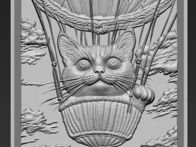 Kitten riding a hot air balloon A42 3D print model
