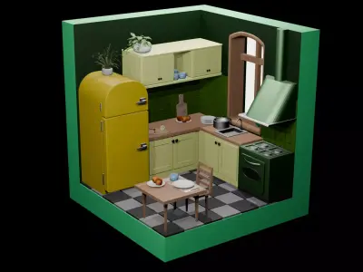 Cozy vintage kitchen  Low-poly 3D model
