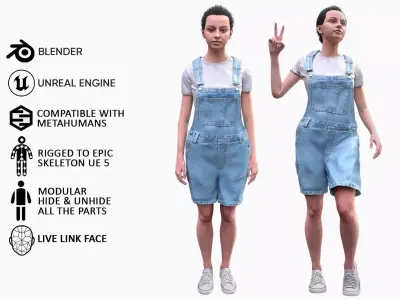 Woman in Overall 3 - Modular - Rigged Low-poly 3D model
