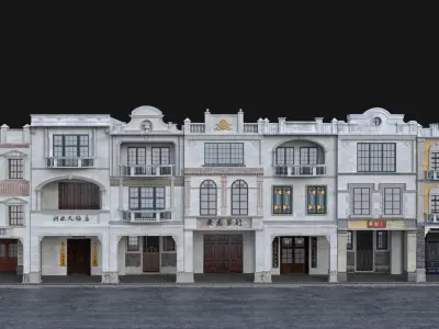 Chinese arcade streets shophouse Buildings kit 3D model