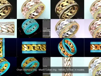 Chain Diamond ring - Miami Cuban ring - N8531 - 4 Size 3D Model Collection