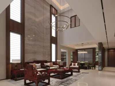 Modern Chinese Double Height Villa Living Room Interior 3D model