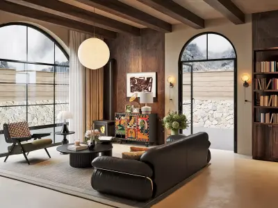 Cozy Rustic Living Lounge With Arched Openings 3D model