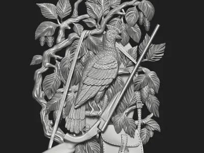 Hunting wood carving of bird with rifle 3D print model