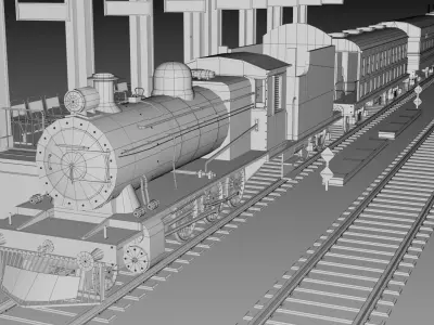 Vintage Steam Train Engine Station with Interior Low-poly 3D model