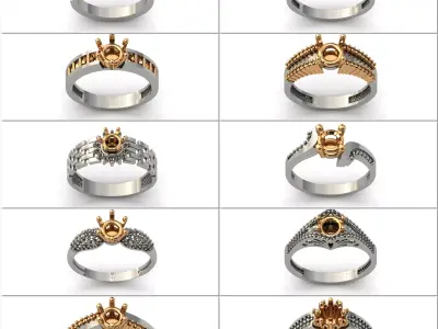 20 STL Files Solitaire Engagement Ring Diamond Stone Women Ring  3D Model Pack