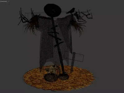 Halloween Scarecrow Decor with Pumpkin Head and Spooky Elements 3D model