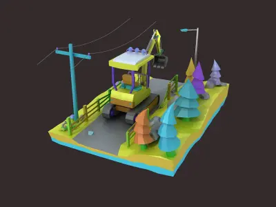 bulldozer car cartoon crane crawler forklift heavy industrial  3D model