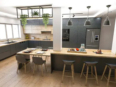 Modern kitchen in anthracite gray and aok wood 3D model