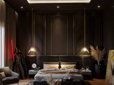 Master Bedroom Luxury Modern Black And Gold 3D model