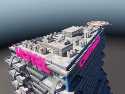 Huge skyscraper hotel with balcony and trapezoid shape Low-poly 3D model