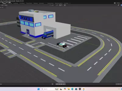 Stylized Low Poly Police Station with Rigged Police Car Low-poly 3D model
