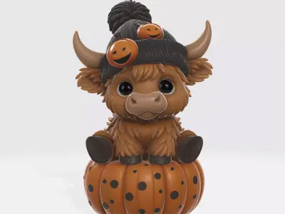 Adorable Highland Cow Sitting on Pumpkin Cute Halloween 3D print model