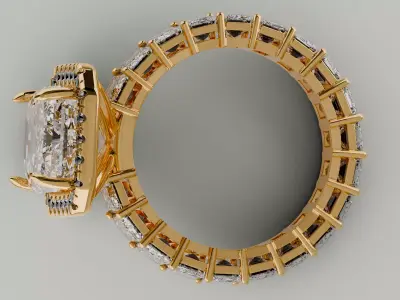 Emerald Cut Diamond Ring with Halo and Diamond Band 3D Model Free 3D print model