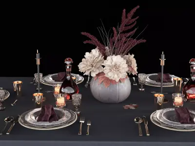 Table setting with bouquet 3D model
