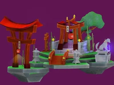 set of oriental assets Japanese environment Low-poly 3D model