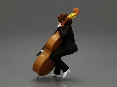 Beautiful young woman musician sitting on a vintage double bass 3D print model