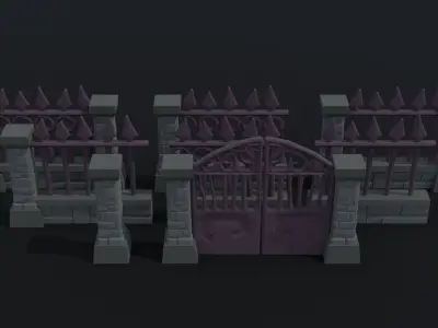 Cartoon fantasy cemetery fence kit Polygonal Style Low-poly 3D model