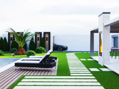 Realistic Villa modern house with pool and lawn Low-poly 3D model