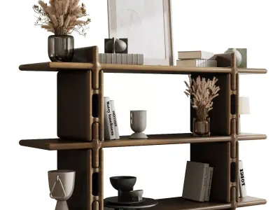 Wooden Shelves Decorative With Plants and Book - wooden Rack 43  3D model