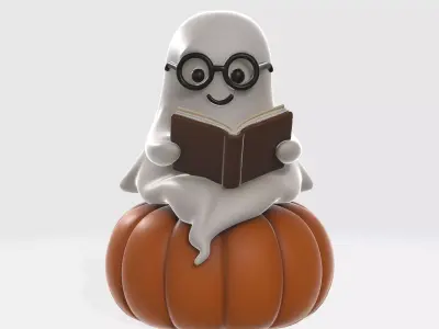 Adorable Ghost Reading on Pumpkin Cute Halloween Decoration 3D print model