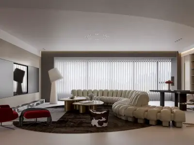 Luxury living and dining room interior 3D model