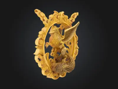 Intricate Golden Griffin Pendant Necklace 3D Model 3D model